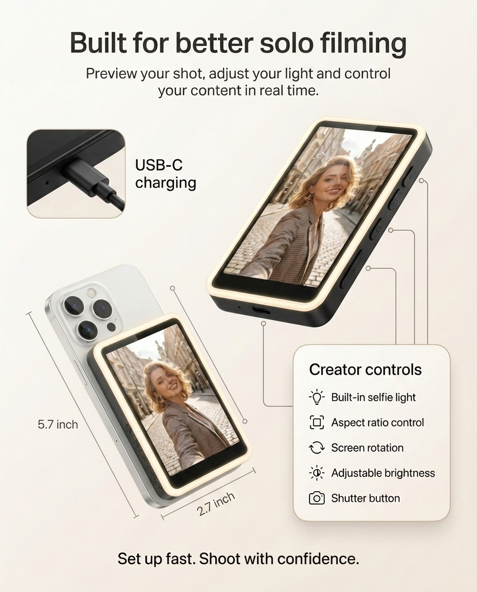 Fliq Selfie Monitor Studio Pro compact tripod-ready side profile