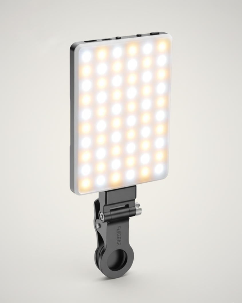 Fliq Selfie LED Light Pro front view LED panel clip and cold shoe mount