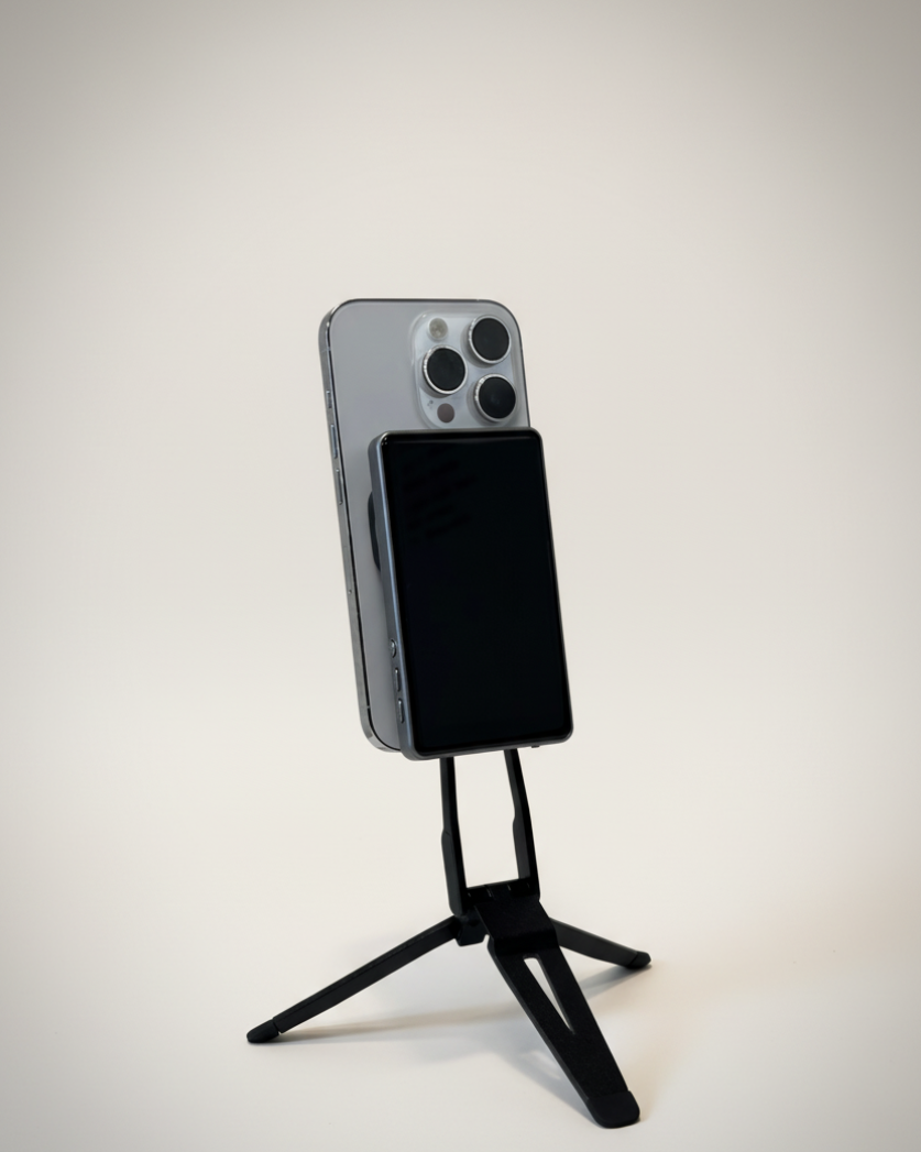 Fliq Dual-Mount Mini Tripod with phone and selfie monitor mounted MagSafe