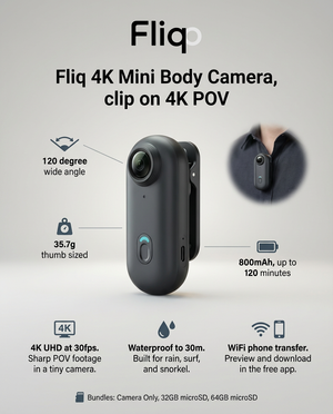 Fliq 4K Mini Body Camera box contents and accessories overview