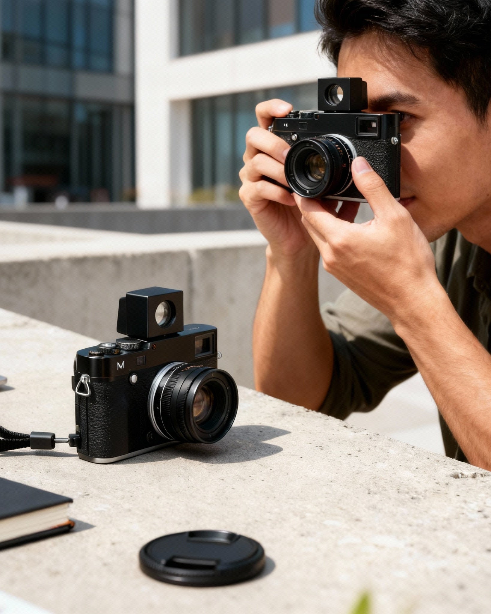Fliq Optical Viewfinder in use waist-level street photography