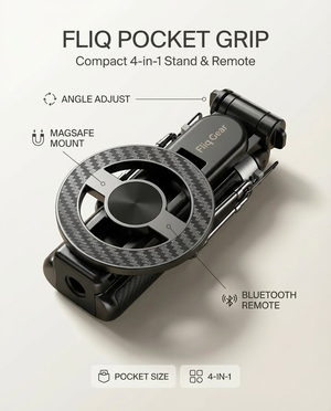 Fliq PocketShot Tripod 4-in-1 functions info graphic overview