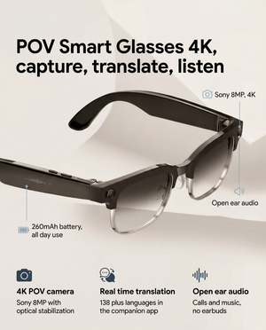 Fliq POV Vision Pro feature overview showing camera translation and audio specs
