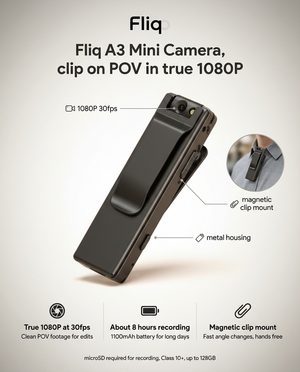 Fliq POV Pocket Mini Camera specs features and bundle options info graphic