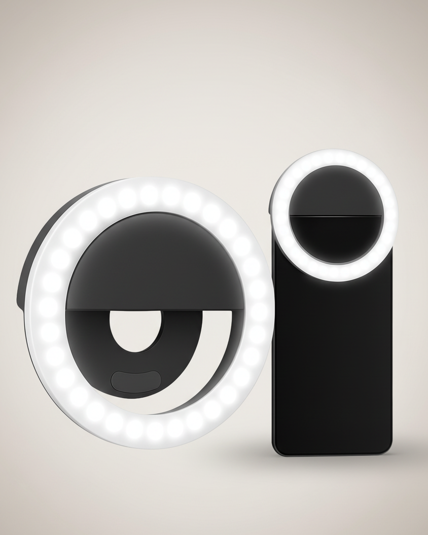 Fliq Selfie Ring Light clipped to smartphone front view LED ring