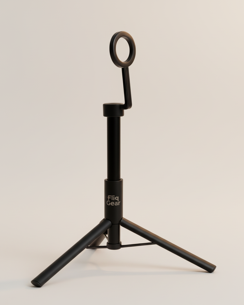 Fliq dual-mount MagSafe tripod fully extended showing two magnetic phone mounts
