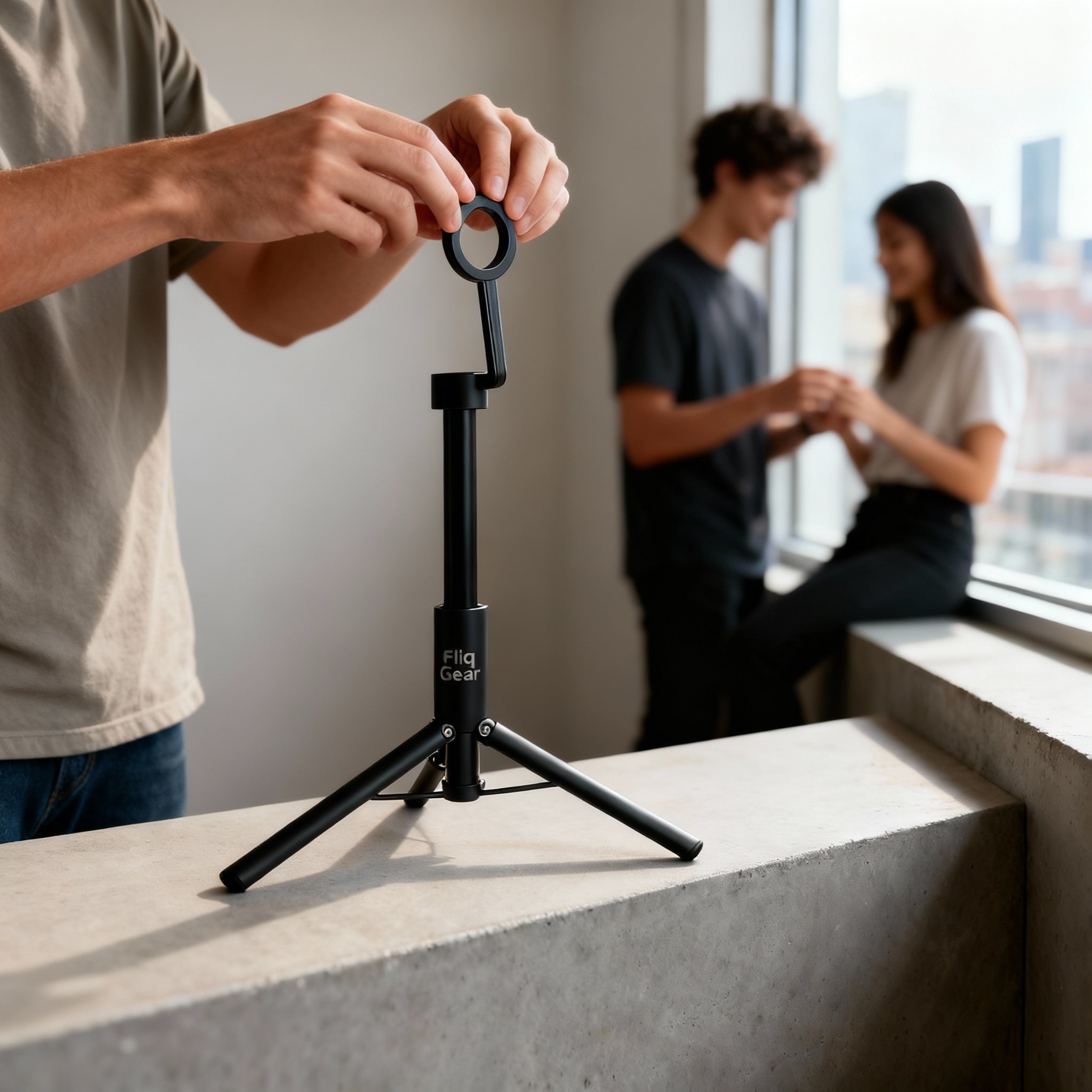 Fliq MagSafe tripod stable base close-up showing foldable leg construction