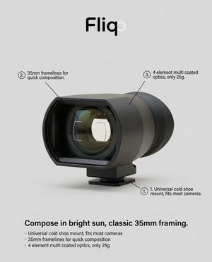 Fliq Optical Viewfinder Pro mounted on camera cold shoe side profile 25g