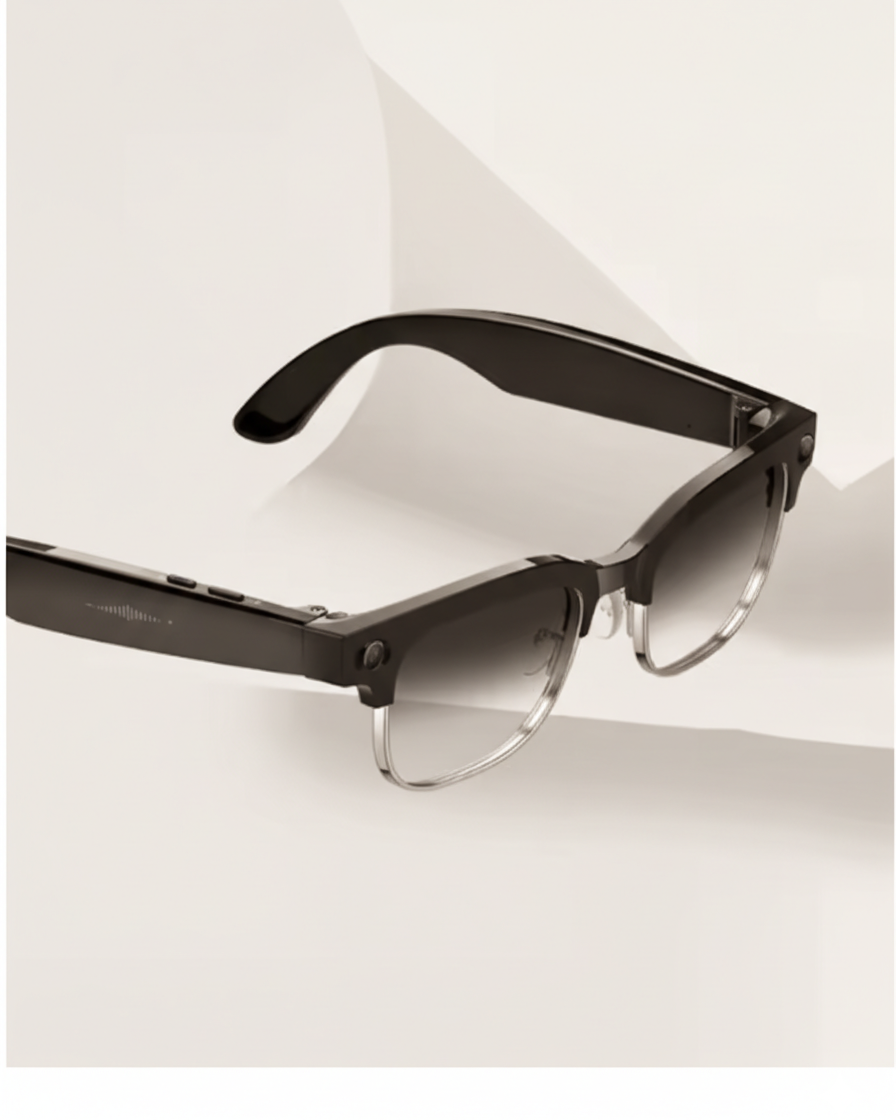 Fliq POV Vision Pro smart glasses in silver showing Sony 8MP camera position