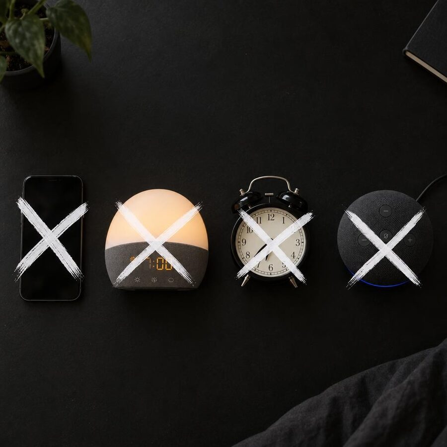 Phone, sunrise lamp, alarm clock and smart speaker crossed out