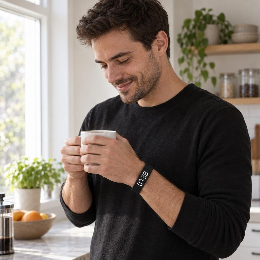 Man holding a coffee in the kitchen wearing the Fliq WakeBand