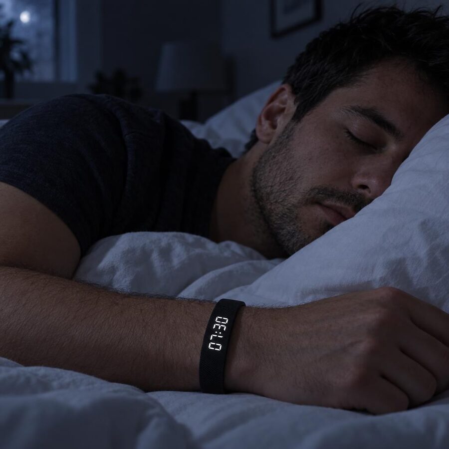 Man asleep at night wearing the Fliq WakeBand