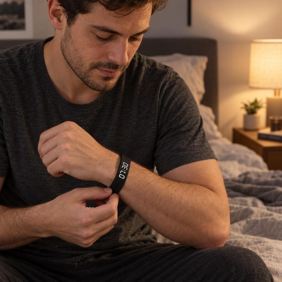 Man fastening the Fliq WakeBand on his wrist
